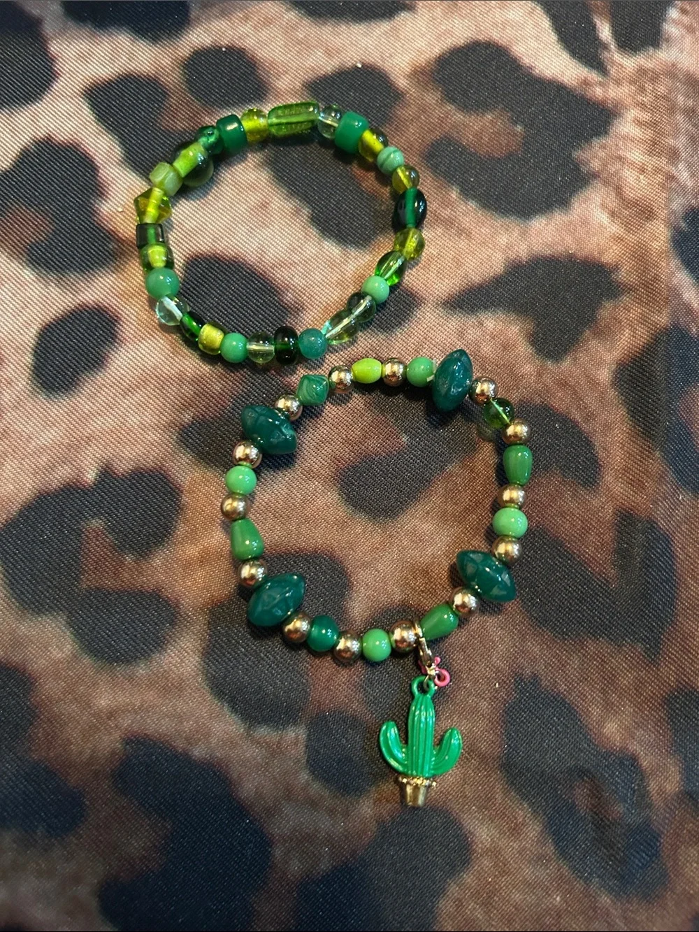 Hand Crafted Green Beaded Bracelet Set with Cactus Charm